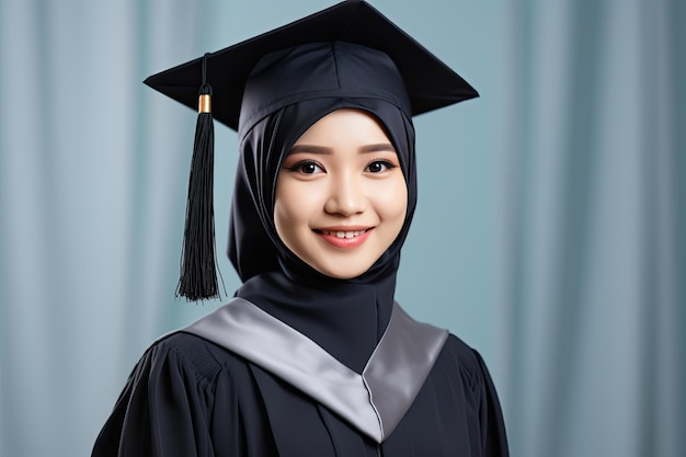 Portrait of young asian muslim woman wearing graduation gown and cap