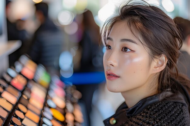 Photo portrait of a young asian woman browsing in a cosmetics store with a variety of products in the