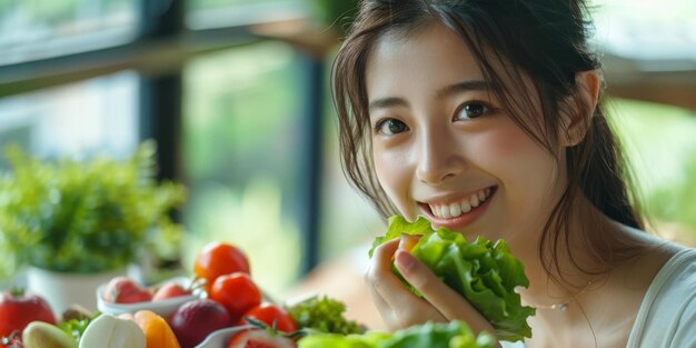 Portrait of a young Asian woman eating a salad