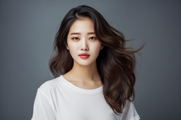 Portrait of young asian woman on gray background