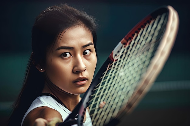 테니스 라켓 모션 장면을 들고 있는 젊은 아시아 여성의 초상화 Generative AI