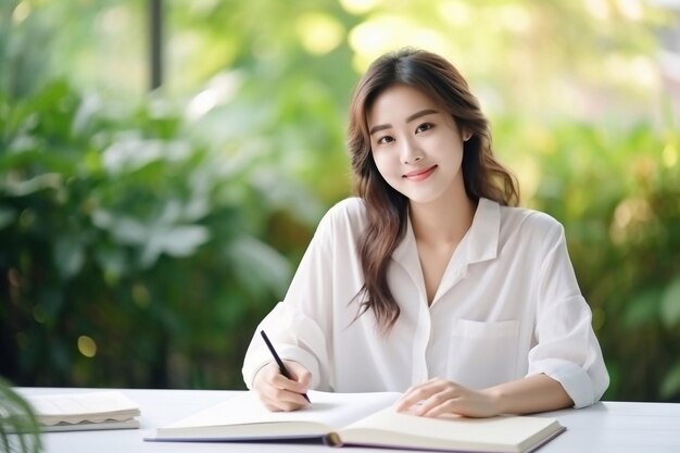 Portrait of young Asian woman holding to writing notebook