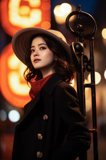 Portrait of a young asian woman on a night city scene dark moody tones