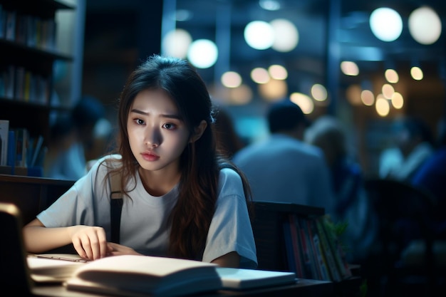 Photo portrait of young asian woman reading book in library at night