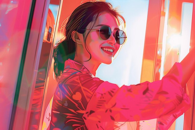 Photo portrait of a young asian woman smiling wearing sunglasses