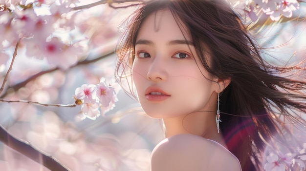 Portrait of a young Asian woman standing in a field of cherry blossoms