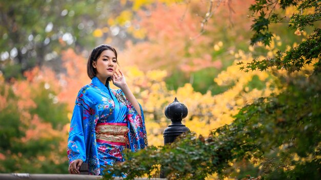 日本の秋の季節に公園に立っている日本の青い着物のファッションの歴史を身に着けている若いアジアの女性の肖像画