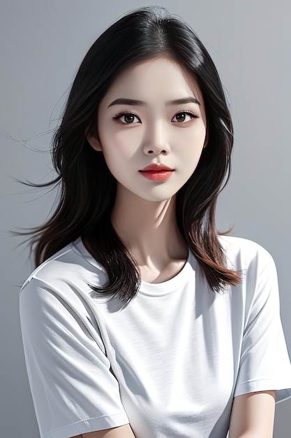 미니멀한 배경에 흰색 셔츠를 입은 젊은 아시아 여성의 초상화