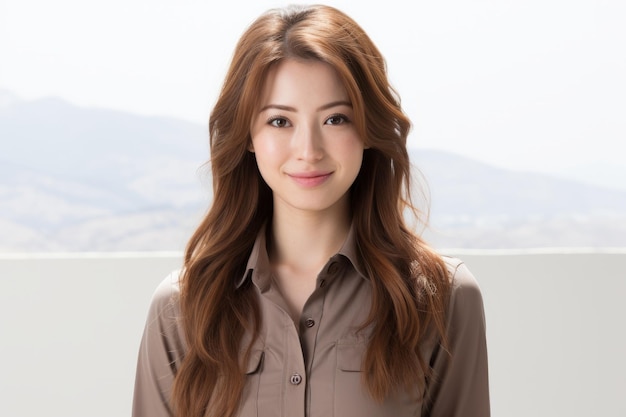 Portrait of a young Asian woman with long brown hair wearing a brown shirt