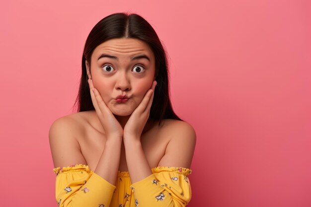 Portrait of young asian woman with surprised expression isolated on pink background