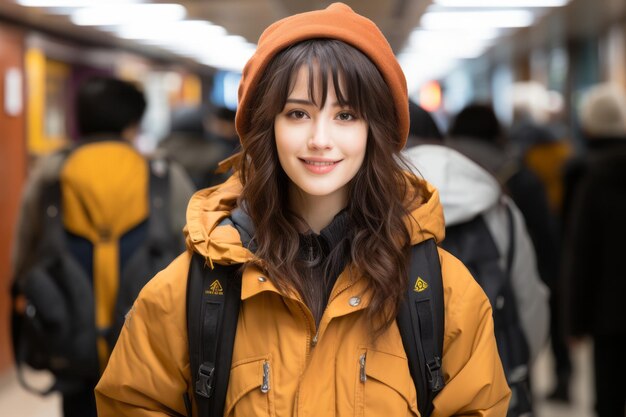 黄色いジャケットとオレンジ色の帽子を着た若いアジア人の女性の肖像画