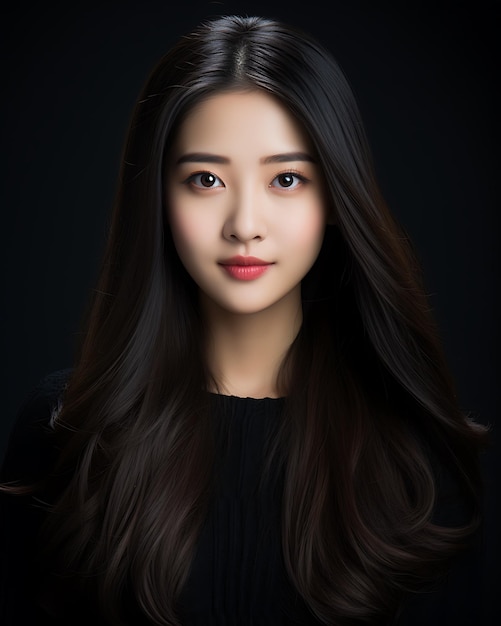 Portrait of young attractive asian woman with long brown hair in black clothes