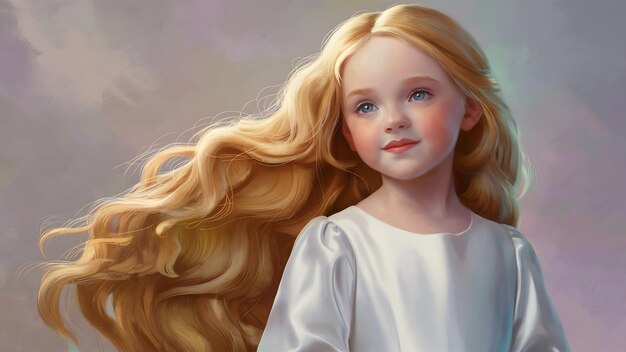 긴 금발 머리카락을 가진 젊은 매력적인 소녀의 초상화