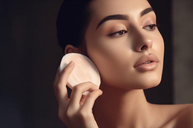 Portrait of a young attractive girl with a sponge in her hand Concept of beauty and cosmetics Generated by AI