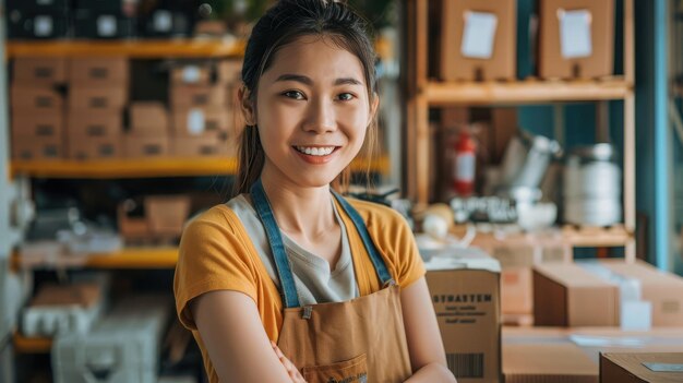 Photo portrait young attractive hipster asia female owner startup look at camera work happy with box at home prepare parcel delivery in sme supply chain procurement omnichannel ecommerce online