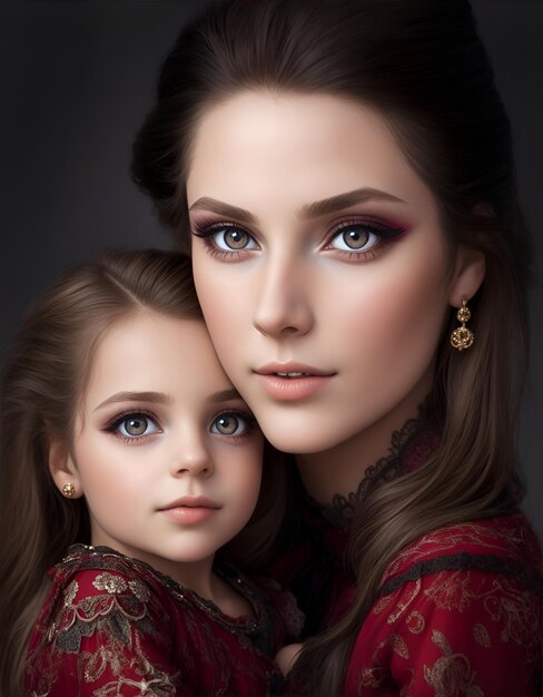 Portrait of a young attractive mother with a cute daughter mother hugs her daughter AI generation