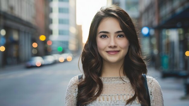 Portrait of young attractive student girl against blurred city street