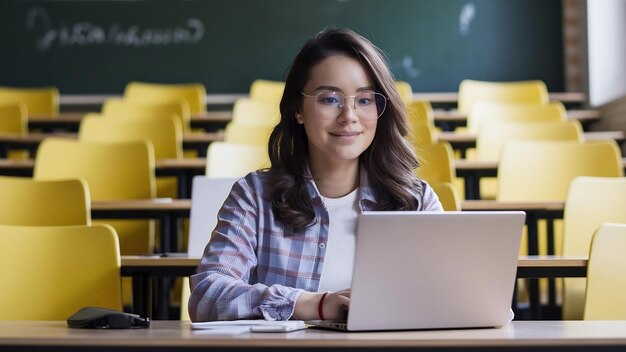 Portrait of young attractive woman sitting in lecture hall working on laptop wearing glasses stude