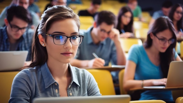 Portrait of young attractive woman sitting in lecture hall working on laptop wearing glasses stude