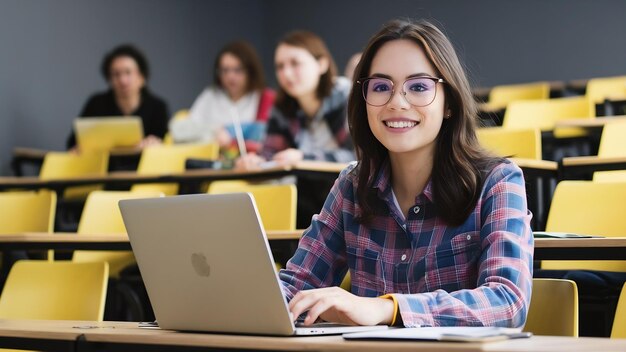 Portrait of young attractive woman sitting in lecture hall working on laptop wearing glasses stude