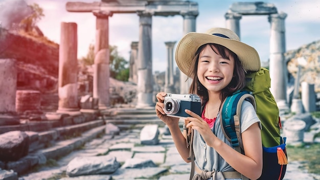 Portrait young backpacker female wearing hat traveling in ancient site she use camera to taking ph