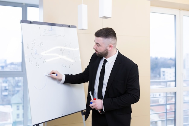 Portrait young bearded man in a formal black business suit with glasses and tie