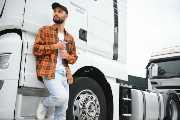 Photo portrait of young bearded trucker standing by his truck vehicle transportation service truck driver job
