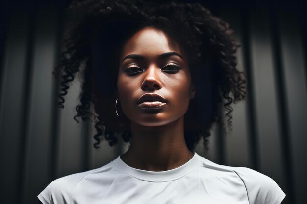 Portrait of young beautiful African American woman looking at camera with serious face on dark