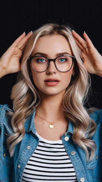Portrait of a young beautiful blond haired wearing trendy glasses and casual clothes and posing ove