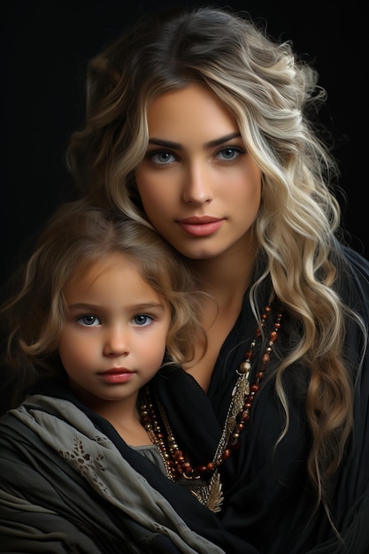 어두운 배경에 딸과 함께 있는 젊고 아름다운 금발 여성의 초상화