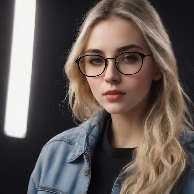 Portrait of a young beautiful blondhaired wearing trendy glasses and casual clothes and posing over