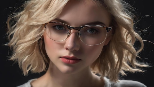 Portrait of a young beautiful blondhaired wearing trendy glasses and casual clothes and posing over