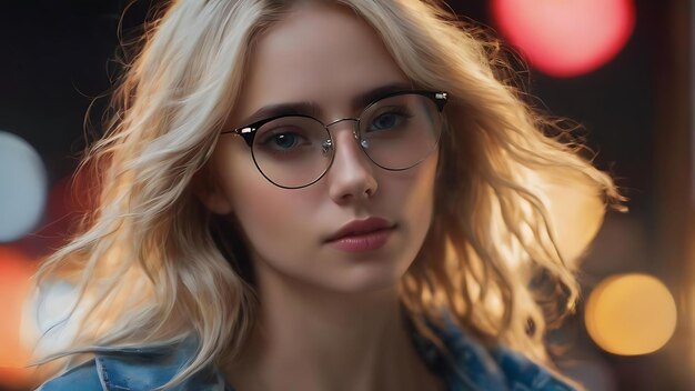 Portrait of a young beautiful blondhaired wearing trendy glasses and casual clothes and posing over