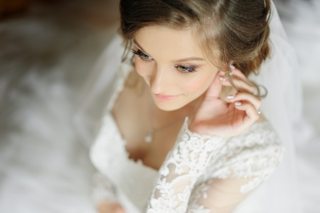 Portrait of a young beautiful bride shot from a high angle.