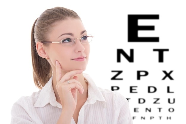 Portrait of young beautiful business woman in glasses and eye test chart isolated on white background