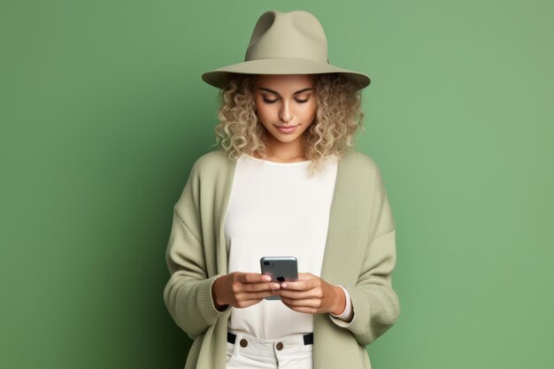 Portrait of young beautiful caucasian girl with long hair in green suit typing text message on smartphone enjoying online communication using app chatting isolated on green studio background