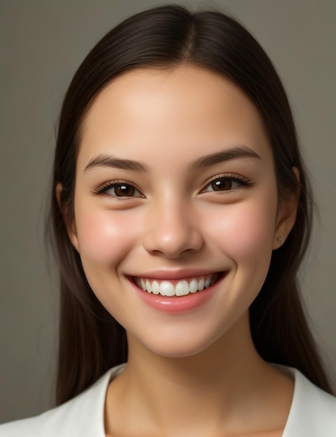 Portrait of a young beautiful cute cheerful girl smiling with white tooth