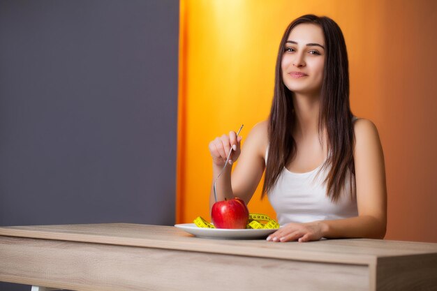 Portrait of young beautiful girl adhering to diet regime.