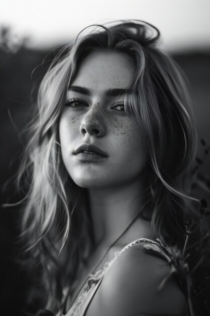 Foto ritratto di una giovane e bella ragazza nel campo foto in bianco e nero