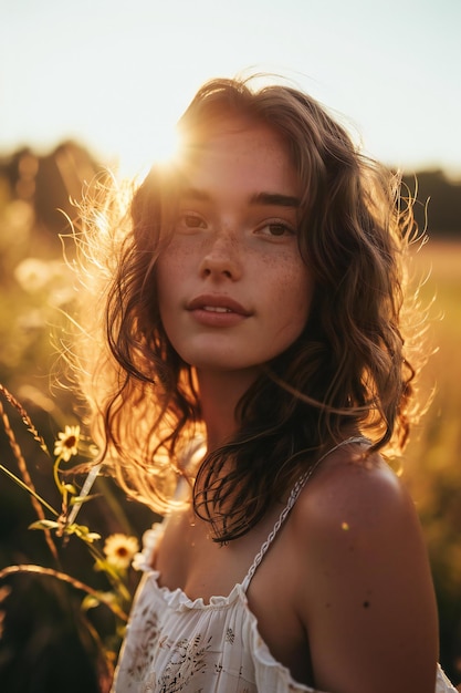 Portrait of a young beautiful girl in a field at sunset