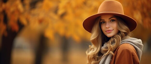 Portrait of a young beautiful girl in a hat in autumn park