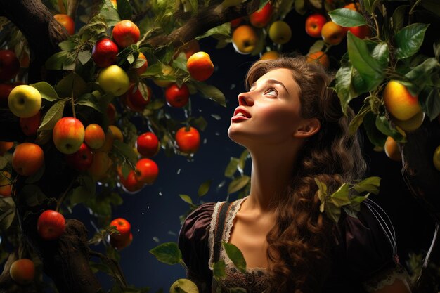 Портрет молодой красивой девушки в окружении фруктов