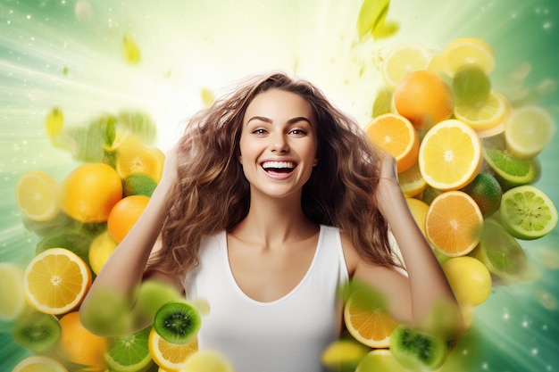 Portrait of a young beautiful girl surrounded by fruit