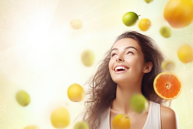 Portrait of a young beautiful girl surrounded by fruit