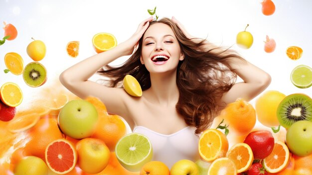 Photo portrait of a young beautiful girl surrounded by fruit