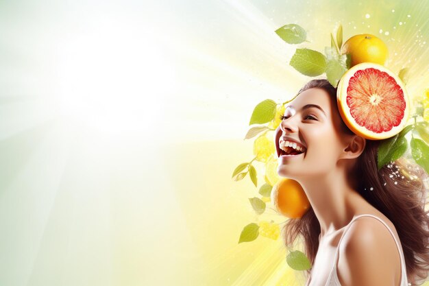 Photo portrait of a young beautiful girl surrounded by fruit