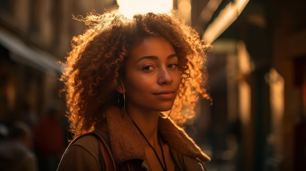 Portrait of young beautiful happy curly african woman in casual cloths looking at camera while stand