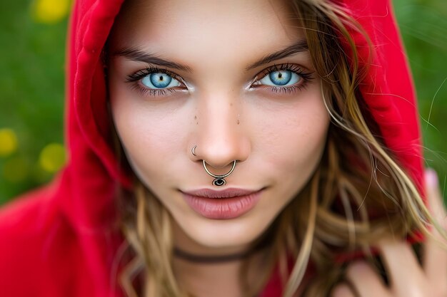 Portrait of young beautiful hipster bad girl in trendy red hoodie and earring in her nose