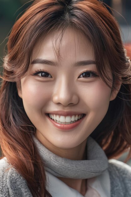 Портрет молодой красивой японской корейской женщины Улыбка счастливого лица модная азиатская девушка