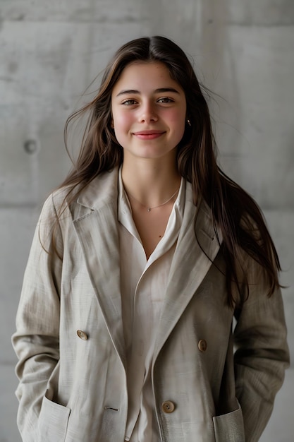 Portrait of young beautiful model put her hands into her pockets